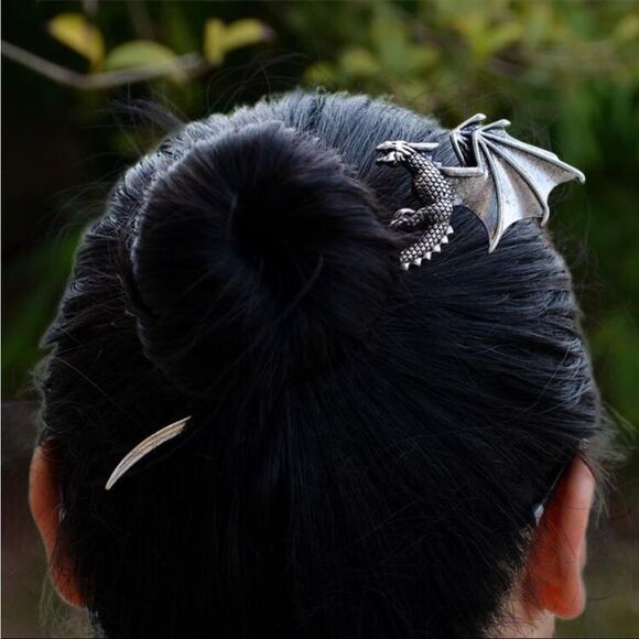 Accessories - Vintage inspired Dragon Hair Accessory, Silver Color, Textured Dragon